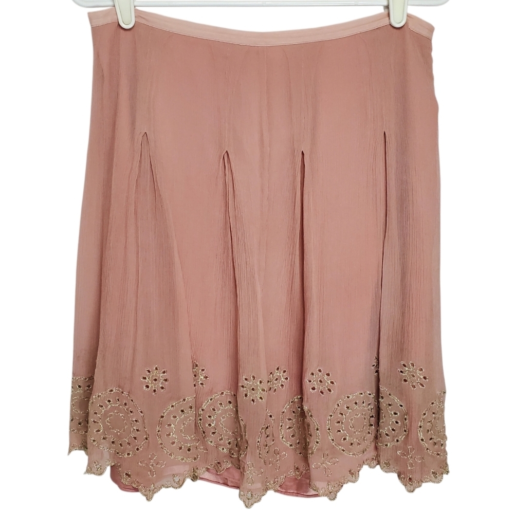 2448 * T Tahari Rose Pink Silk Floral Eyelet Pleated Mini Skirt Size 10